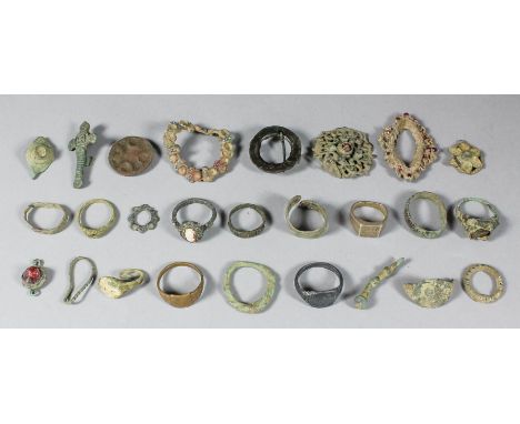 A small collection of Medieval and post medieval jewellery, including - Anglo-Saxon ring  brooch with traces of enamel, .75in