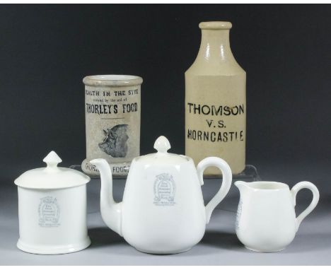 A Crown Staffordshire white glazed pottery three-piece bachelor's tea service, advertising "The County - Livestock Insurance 