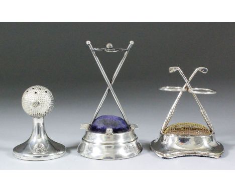 An Edward VII silver golf ball pattern hat pin holder on circular base, 2.75ins high, by Arthur Johnson Smith, Chester 1907, 