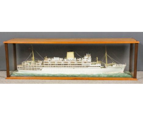 A scratch built scale model of  "SS Arcadia, P&amp;O Line", in a wood and glass display case, 56.5ins wide x 12.5ins deep x 1