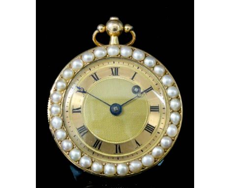 A 19th Century French lady's gold coloured metal and enamel pocket watch, the gilt dial with engine turned centre, the chapte