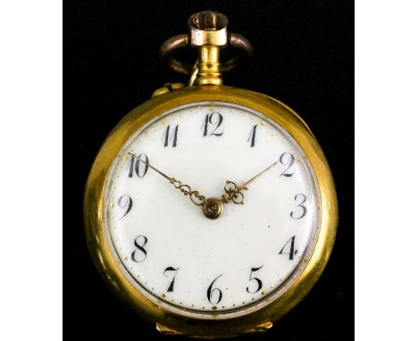 A lady's Continental 18ct gold keyless watch, the cream enamel dial with Arabic numerals, contained in case, the back cast wi