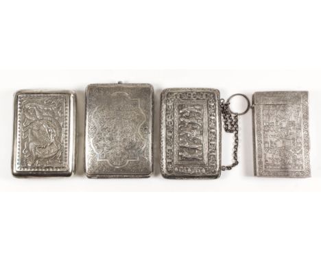 A Chinese silvery metal rectangular cigarette case, the front and back cast with a dragon and cloud motifs, 4ins (10.2cm) x 3