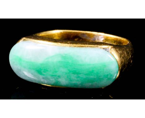 A gentleman's gold coloured metal mounted and jade ring, set with oblong stone, 10mm x 23mm (size W - gross weight 15.5 gramm