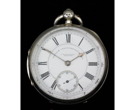 A late Victorian silver consular cased fusee pocket watch and chronometer by I. Fattorini of Skipton, the white enamel dial w