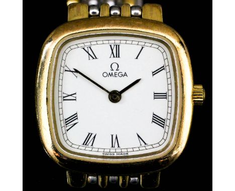 A modern lady's Omega bi-metallic cased manual wind quartz wristwatch, serial No. 53750134, the white dial with Roman numeral