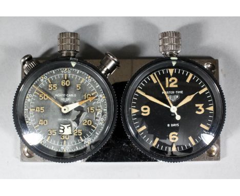 A  1970's Heuer "Master-Time" 8 Day clock and "Monte-Carlo" standard timer stopwatch pair, plate-mounted