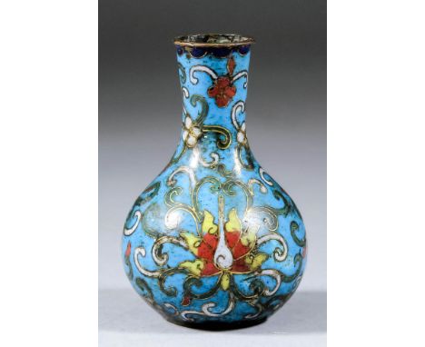 A Chinese gilt brass and cloisonne enamel miniature bulbous vase in the Ming manner, decorated in coloured enamels with styli