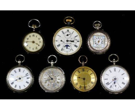 A late 19th Century Swiss keyless pocket watch, the white enamel dial with three calendar work dials and subsidiary seconds d