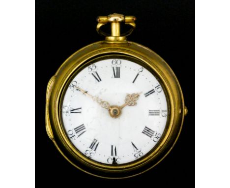 An early 18th Century gilt metal pair cased quarter repeating verge pocket watch by John Gordon of London, No. 174, the white