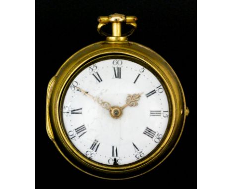 An early 18th Century gilt metal pair cased quarter repeating verge pocket watch by John Gordon of London, No. 174, the white