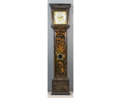 A mid 18th Century black japanned longcase clock by William Harris of London, the 12ins square brass dial with wide silvered 