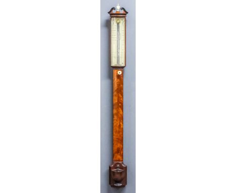 A pair of mahogany bow fronted cased stick barometer and thermometer of early 19th Century design, in the manner of J. Smith,