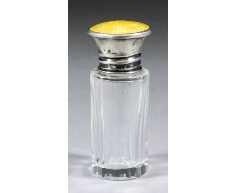 "BARGAIN HUNT" LOT.&nbsp; A George VI silver and enamel mounted slice cut glass scent bottle, the lid with yellow guilloche e