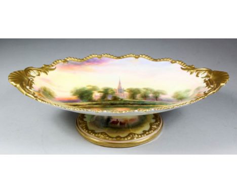 A Royal Worcester bone china dessert dish of shaped outline painted with "The Avon, Stratford" by Harry Davis, and with twin 
