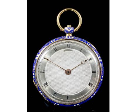 A 19th Century French lady's gold coloured metal and blue enamel cased pocket watch, the silvered dial with engine turned cen