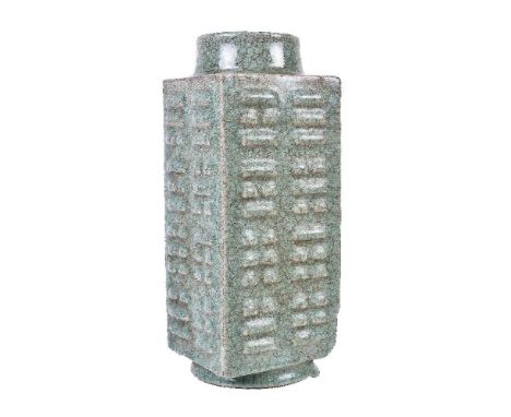 A Chinese large Cong-form celadon glazed vase, potted in imitation of a Neolithic jade cong, the vase has a rectangular body 