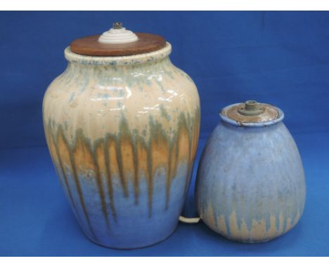 A William Howson Taylor pottery vase/table lamp having orange drip decoration on blue ground, impressed Ruskin 1930, and a si