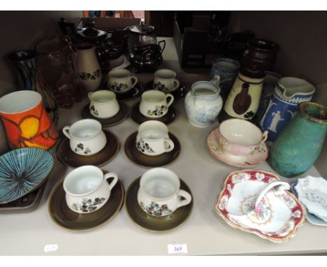 A 1960's Denby stoneware coffee set, a Poole pottery vase dish and Art Glass vases, 19th century and later ceramics including