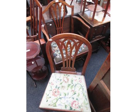 A late 18th/early 19th century elm vernacular chair having hoop and slat back, later taperstry seat and square legs, and a si