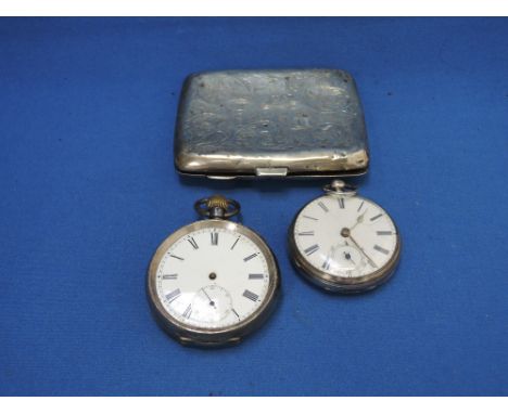 A silver cigarette case having scroll decoration and inscription to inside, Birmingham 1928, M H Meyer Ltd, a silver key woun