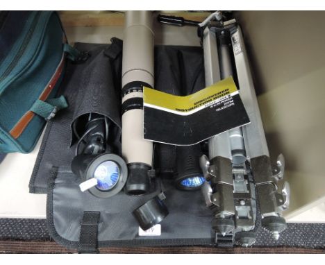 A Bauch & Lamb 15 to 60 Power Zoom telescope, a Kenlock 3000 GLB tripod, and a pair of outdoor ground lights