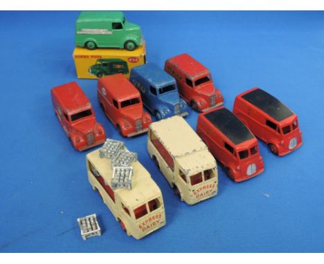 Nine Dinky die-casts, Trojan vans x 5, including Oxo, BP, Dunlop, Esso etc and Royal Mail vans x 2, Express Dairy vans x 2