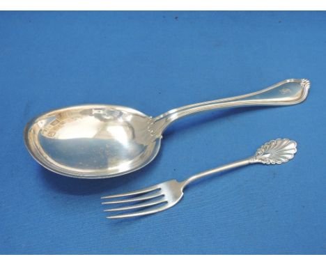 An American white metal serving spoon stamped Sterling of short plain form and a dessert fork stamped Sterling