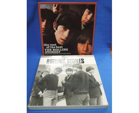 Two vinyl LP record box sets (12 & 4), The Rolling Stones Story and the Rest of the Best Rolling Stones, both German imports,