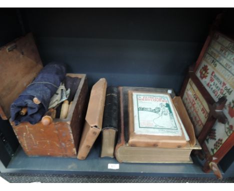 A shelf of miscellaneous including Victorian samplers, Family Bible, tool chest with contents etc