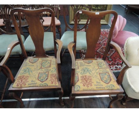 A set of six (4+2) 1920's dining chairs in the Queen Anne style, having later tapestry seats and cabriole legs