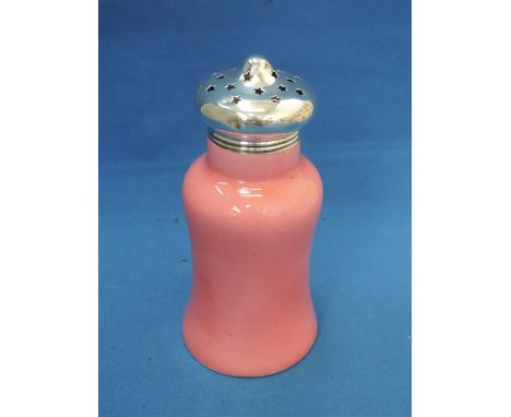 A Royal Worcester ceramic sifter in pink ground having a silver lid with pierced star decoration, Birmingham 1916, Thomas Lat