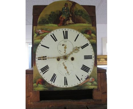An early 19th century oak and mahogany longcase clock having swan neck and pillar hood containing painted arch dial and 30 ho