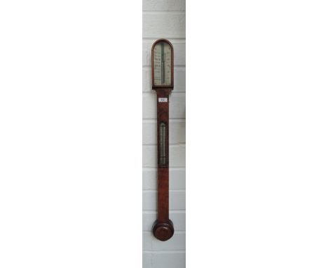 A 19th century burr walnut stick barometer by JJ & W Wood, Manchester, having arch top and thermometer scale