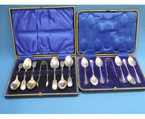 A cased set of six silver teaspoons with matching sugar  nips, of plain form having initials 'M T' to terminal, Sheffield 191