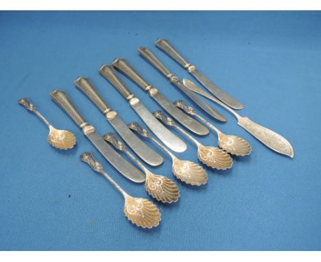 A selection of HM silver flatware including a set of six teaspoons having shell style bowls and twist decoration to stems, Sh