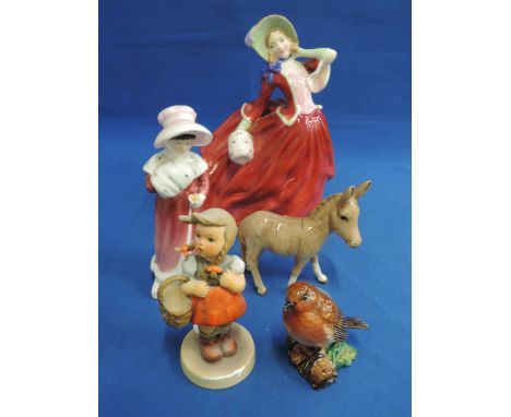 Two Royal Doulton figurines, Autumn Breeze HN1934, Sophie HN2833, and a Hummel figurine, girl with basket