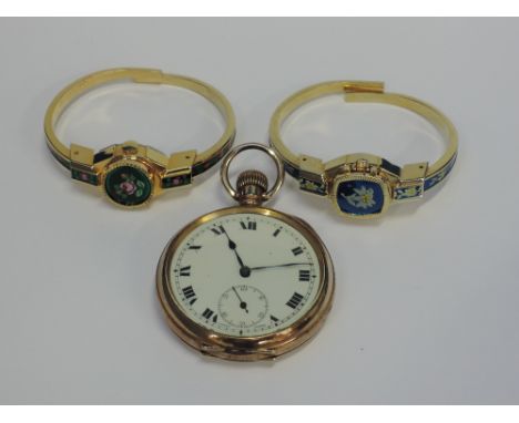 A gold plated pocket watch having Roman numeral dial with subsidiary seconds and two ladies gold plated bangle watches having