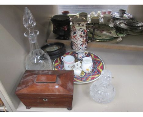 A selection of decorative miscellaneous, including early 19th century mahogany tea caddy of sarcophagus shape, portrait minia