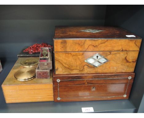 A selection of miscellaneous jewellery boxes, including late 19th century with mother of pearl inlay decoration, ladies compa