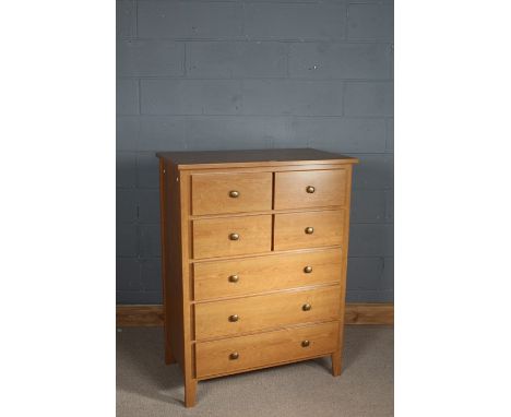 Light oak chest of drawers, the rectangular top above five long draws, 120cm tall 90cm wide 