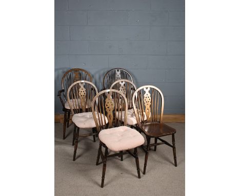 Set of six elm seated stick and wheelback kitchen chairs, comprising two carvers and four standard (6)