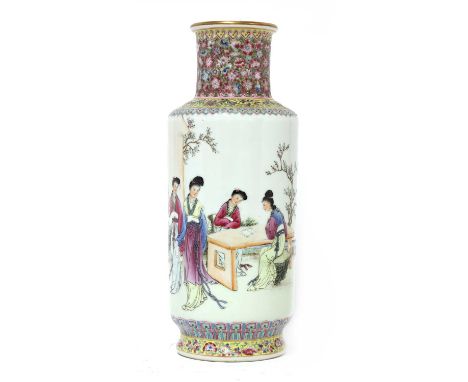 A Chinese famille rose vase, 20th century, of cylindrical form, painted with ladies in a garden between a ruyi head and false