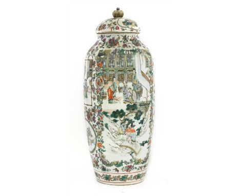 A Chinese famille rose vase, 19th century, of tapering cylindrical form, painted with figures in a garden on shaped panels su