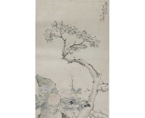 A Chinese hanging scroll, painted with a blossoming magnolia tree above peony and rocks, dated Tongzhi, Year of Renshen, sign