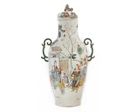 A Chinese famille rose vase and cover, 19th century, of ovoid form on a slightly splayed foot with scroll handles, painted wi