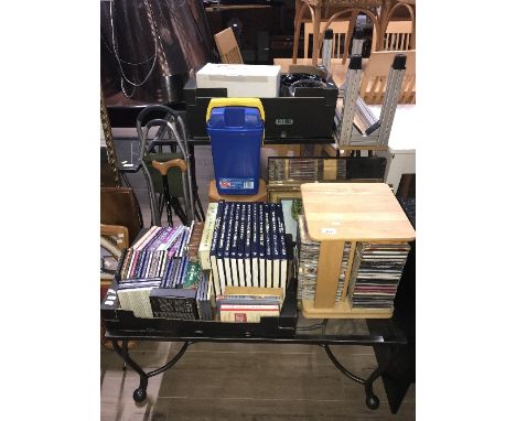 BOX OF BOOKS & CD'S , CD STAND WITH CD'S , MIRROR , PRINT IN ORNATE FRAME , BOX OF ELECTRICAL GOODS