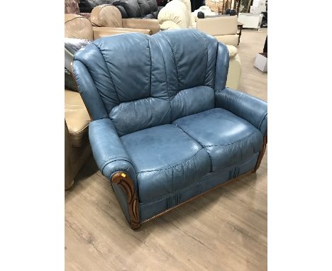 BLUE 2 SEATER LEATHER SOFA