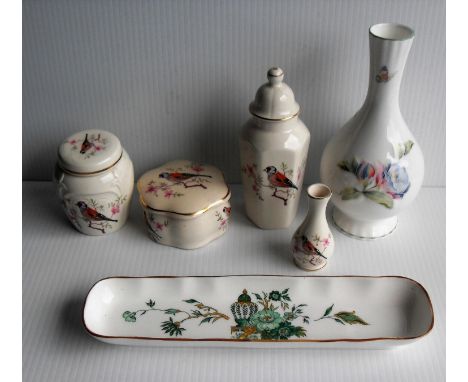 Four Royal Worcester Palissy pot/jars, an Aynsley vase in Celeste pattern and a Crown Staffordshire 'Kowloon' pen tray, all w