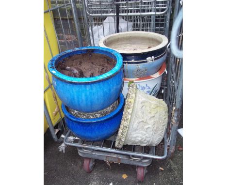 SIX ITEMS TO INCLUDE, FOUR CERAMIC GARDEN PLANTERS AND TWO CONCRETE PLANTERS